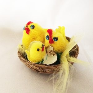 Vintage putz decorations, 3 yellow fuzzy Pom Pom Chicks in Nest Chenille Germany, animal putz, Vintage Easter Decorations