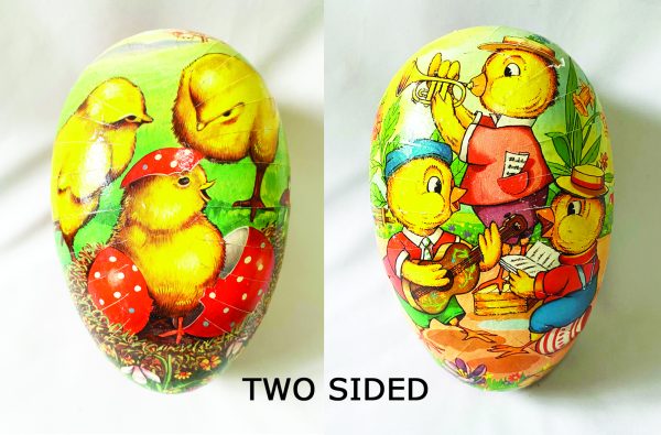 Large German 2 Sided Egg Candy Container 6", Vintage Paper Mache Box Musician and hatching Chicks 1950s