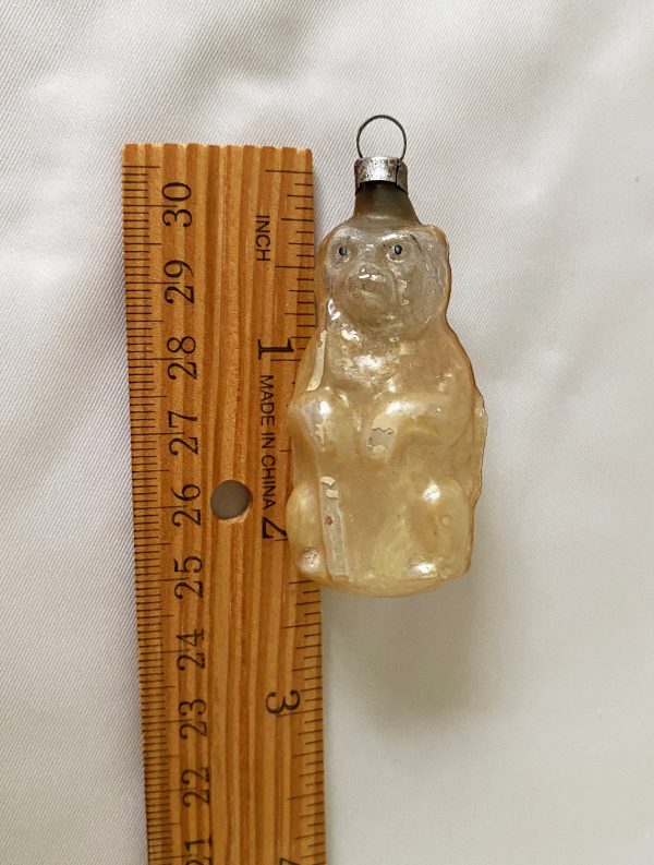 Antique german figural glass christmas ornament, small seated monkey holding a stick, excellent, 1920s christmas ornament
