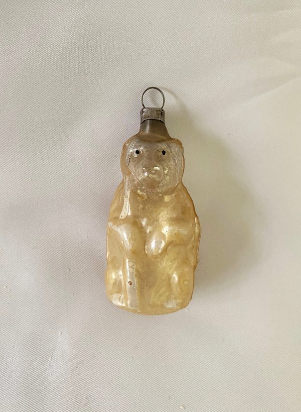 Antique german figural glass christmas ornament, small seated monkey holding a stick, excellent, 1920s christmas ornament