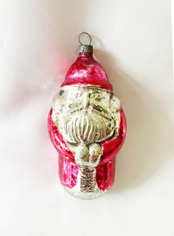 rare 1920s Antique Large Broad Shoulder Santa Glass Christmas Ornament, Father Christmas hands in sleeves Figural Glass Ornament excellent