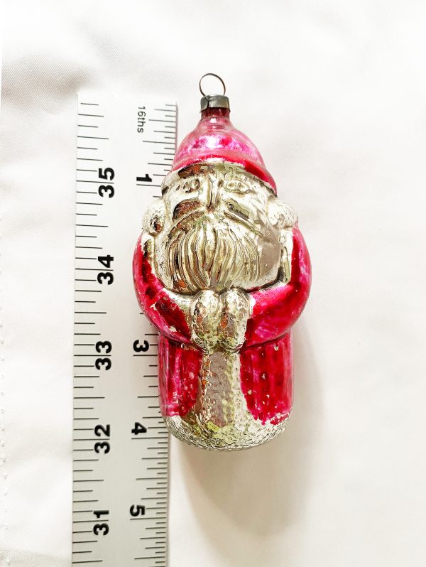 Rare 1920s Antique Large Broad Shoulder Santa Glass Christmas Ornament, red coat hands in sleeves Father Christmas Figural Glass Ornament