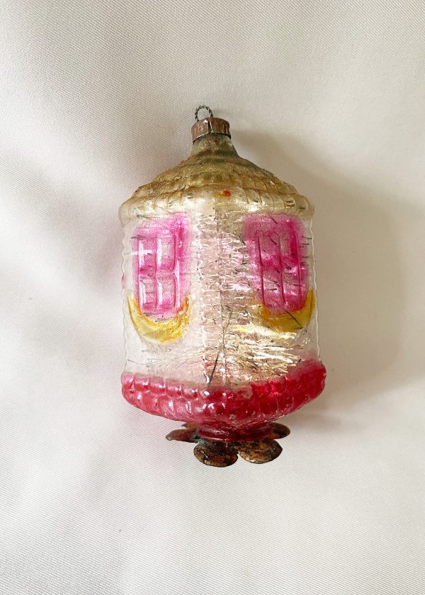 1920s Antique Glass Ornament Tinsel Inside Germany, Unsilvered Lantern Cottage Christmas Ornament, RARE