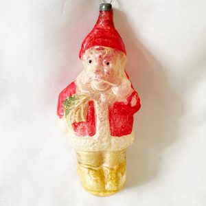 Very rare antique german glass santa carrying a tree and toy sack unsilvered christmas ornament, 1920s excellent and hard to find.