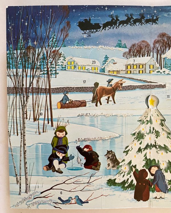 MCM Christmas Advent Calendar Unused Tri-Fold, Large 3 Panel Children’s Count Down Calendar snowy colonial village scene Santa's sleigh in sky, Retro Christmas Decor