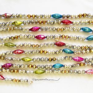 vintage mercury glass beaded christmas garland with large torpedo beads, silver with multi color large beads and original made in japan paper label, 1950s japan christmas garland