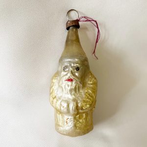 1920s small gold santa figural glass christmas ornament, hands in sleeves German Belsnickle ornament 2.75 inches tall, hard to find