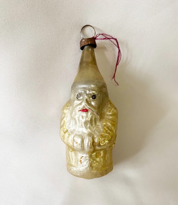 1920s small gold santa figural glass christmas ornament, hands in sleeves German Belsnickle ornament 2.75 inches tall, hard to find