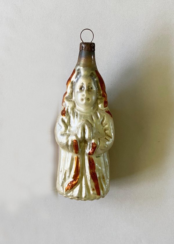 1920s antique german glass angel christmas ornament, 3.5 inch praying angel figural glass ornament, christian ornament