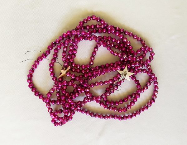 102 inches, or, 8.5 feet vintage hot pink magenta mercury glass beaded garland, 1950s japan small bead glass tree garland with cardboard star ends, excellent!