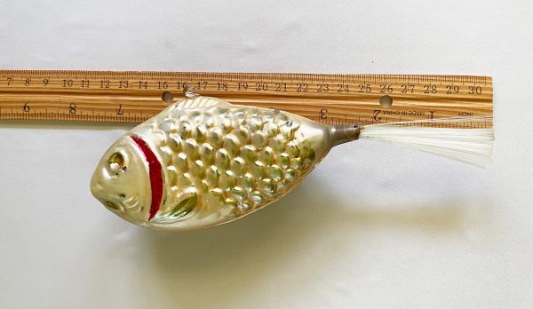1920s RARE Large 7.5” Antique German Glass Ornament Fish with Spun Glass Tail, Vintage Fish jumbo figural Christmas Ornament