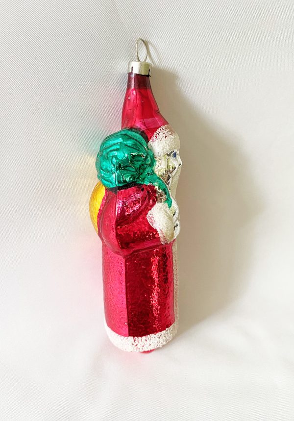Vintage 5 inch tall blown Glass Ornament red coat Father Christmas carrying a sack, Figural Santa Christmas Ornament, 1950s Czechoslovakia excellent