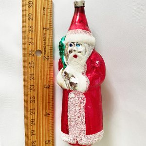 Tall 5 inch Czech Father Christmas Santa blown glass ornament, with long red coat and sack over his shoulder, white mica trim, excellent.