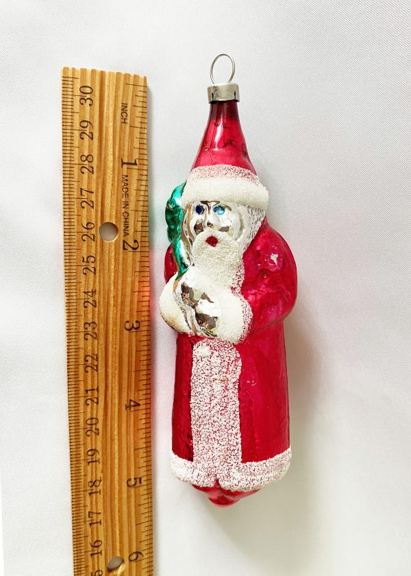 Tall 5 inch Czech Father Christmas Santa blown glass ornament, with long red coat and sack over his shoulder, white mica trim, excellent.