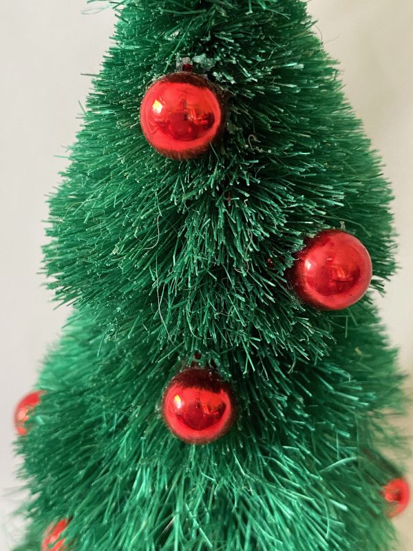 Vintage Bottle Brush Tree with Red Glass Beads, 8″ Putz Christmas Tree on wood base, Putz Village Display, MCM Christmas Decor