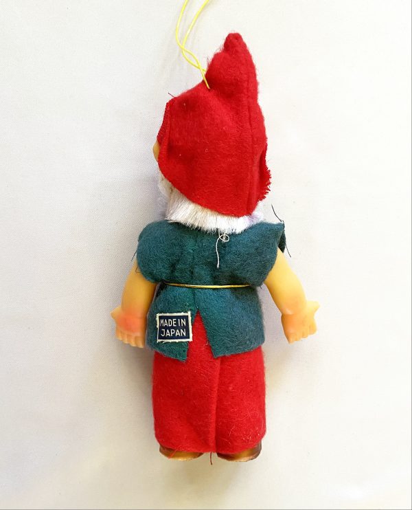 Vintage 1960s japan rubber gnome pixie elf with felt suit and original paper Made in Japan label, 6 inches tall, excellent.