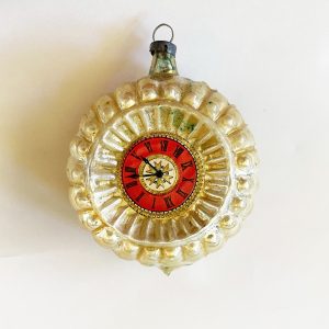 1920s Antique German Glass Christmas Ornament Double Sided bumpy Clock 2 Different color Paper litho Dials, Figural Glass Ornament excellent