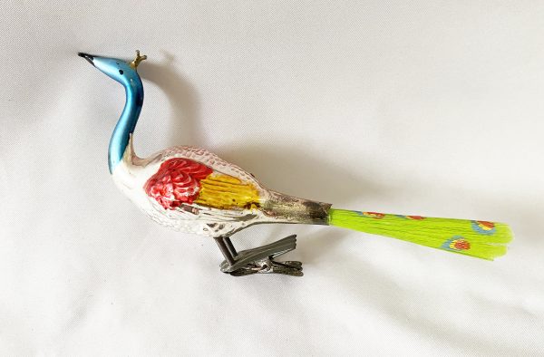 Antique glass Peacock Clip On Bird christmas Ornament Germany, Colorful Hand Painted Spun Glass Tail, Rare!