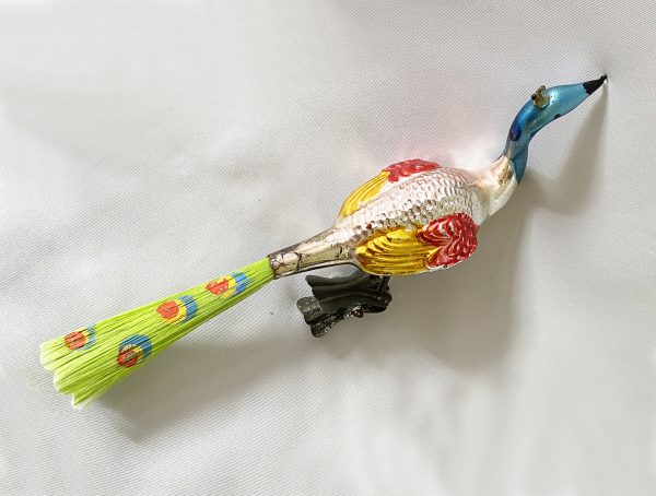 Antique Peacock Clip On Bird christmas Ornament Germany, Colorful Hand Painted Spun Glass Tail, Rare mercury glass bird ornament!
