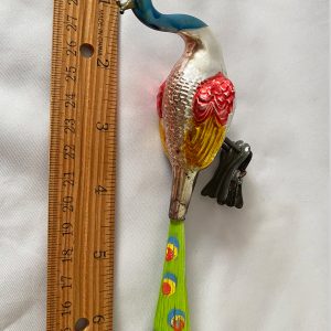 Vintage antique 1920s colorful German blown glass Ornament Clip On Peacock Hand Painted Spun Glass green Tail, RARE!