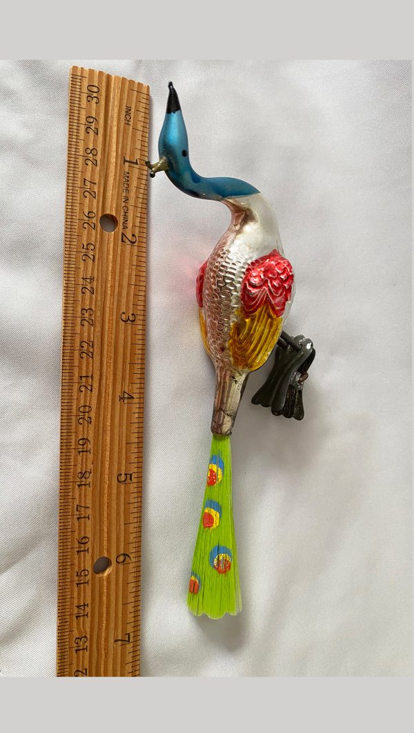 Vintage antique 1920s colorful German blown glass Ornament Clip On Peacock Hand Painted Spun Glass green Tail, RARE!