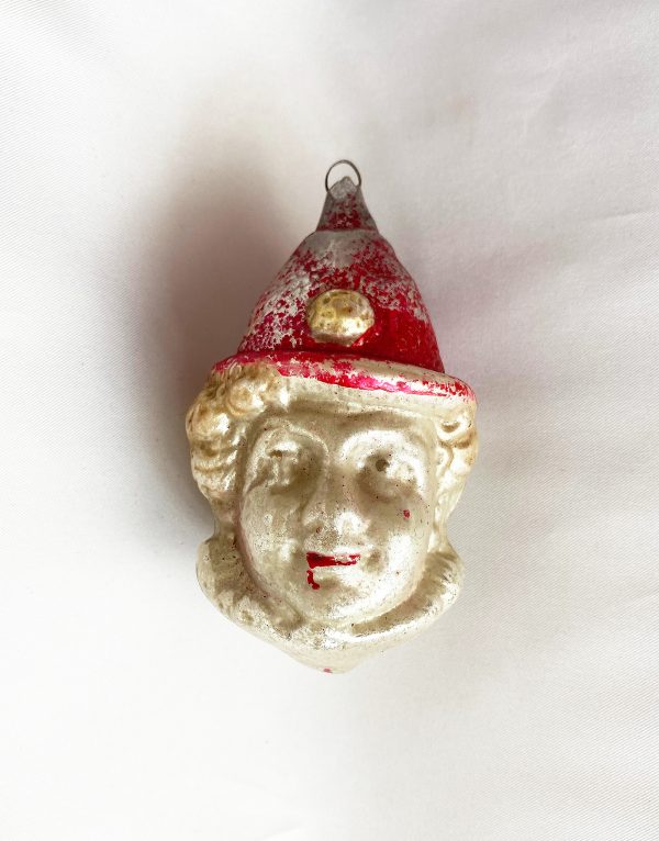 Antique Glass Christmas Ornament Boy Clown Head, Large German Glass Clown 1920s