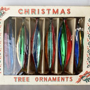 Vintage Icicle Christmas Ornaments Poland in Box, six Fluted Glitter Teardrop Glass Ornaments, Rainbow Ornaments IOB excellent and rare