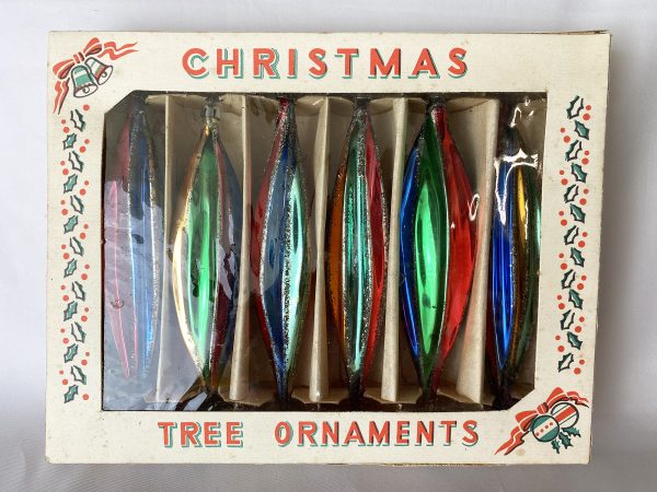 Vintage Icicle Christmas Ornaments Poland in Box, six Fluted Glitter Teardrop Glass Ornaments, Rainbow Ornaments IOB excellent and rare
