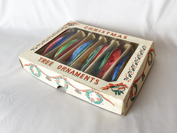 Vintage Rainbow Icicle Christmas Ornaments Poland in Box, Fluted Glitter Teardrop Glass Ornaments Lot IOB