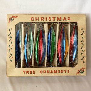 six 1950s Vintage Rainbow Icicle Christmas Ornaments Poland in Box, Fluted Glitter Glass Ornaments IOB large size excellent
