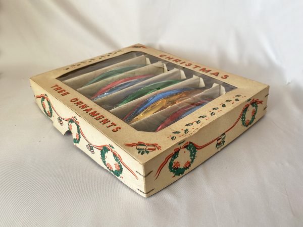 six 1950s Vintage Rainbow Icicle Christmas Ornaments Poland in Box, Fluted Glitter Glass Ornaments IOB large size excellent