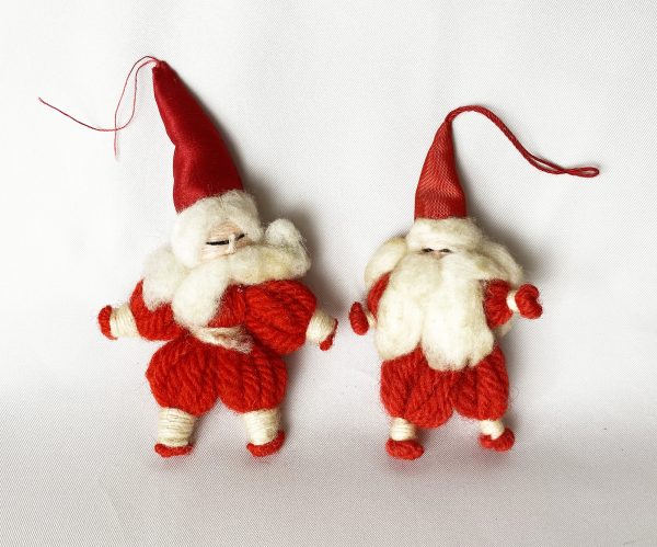 Primitive handmade Antique Christmas Ornaments Lot, 2 Hand crafted Yarn Santa Ornaments 1920s American made christmas deor