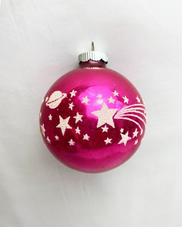 Jumbo 3 inch Shiny Brite stars planets Stencil Ornament, large Solar System Pink Glass Christmas Ornament