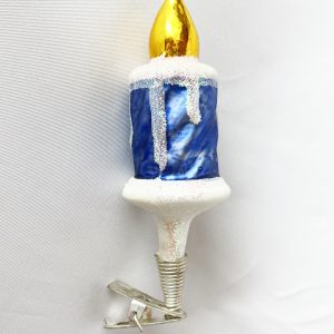 vintage blown glass large candle clip on christmas ornament made in Czechoslovaki, blue glass with white mica wax drippings and base, gold flame, excellent 4 inch tall figural candle clip ornament, circa 1950s excellent