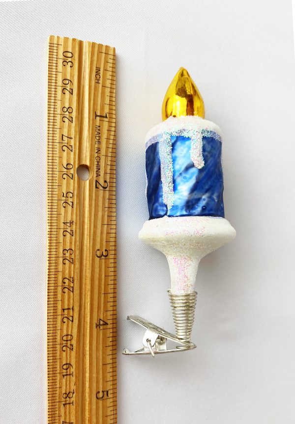 vintage blown glass large candle clip on christmas ornament made in Czechoslovaki, blue glass with white mica wax drippings and base, gold flame, excellent 4 inch tall figural candle clip ornament, circa 1950s excellent