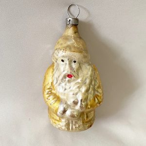 1930s antique Glass Ornament Gold Coat Santa Holding Tree, Antique Figural Glass Christmas Ornament