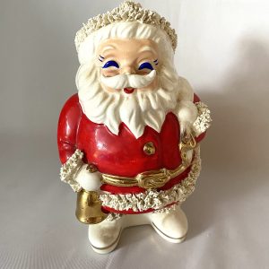 vintage spaghetti Santa ceramic Bank Japan, 6 inches tall with gold bell excellent with rubber stopper 1950s Christmas decor