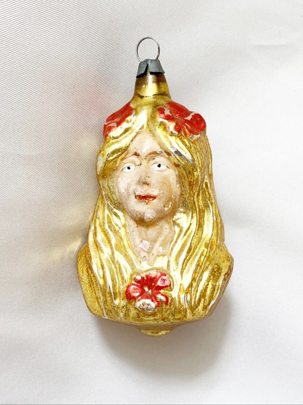 RARE 1920s Antique German Glass Christmas Ornament Art Nouveau Bust of a Lady with hand painted flesh face and long blonde hair, excellent