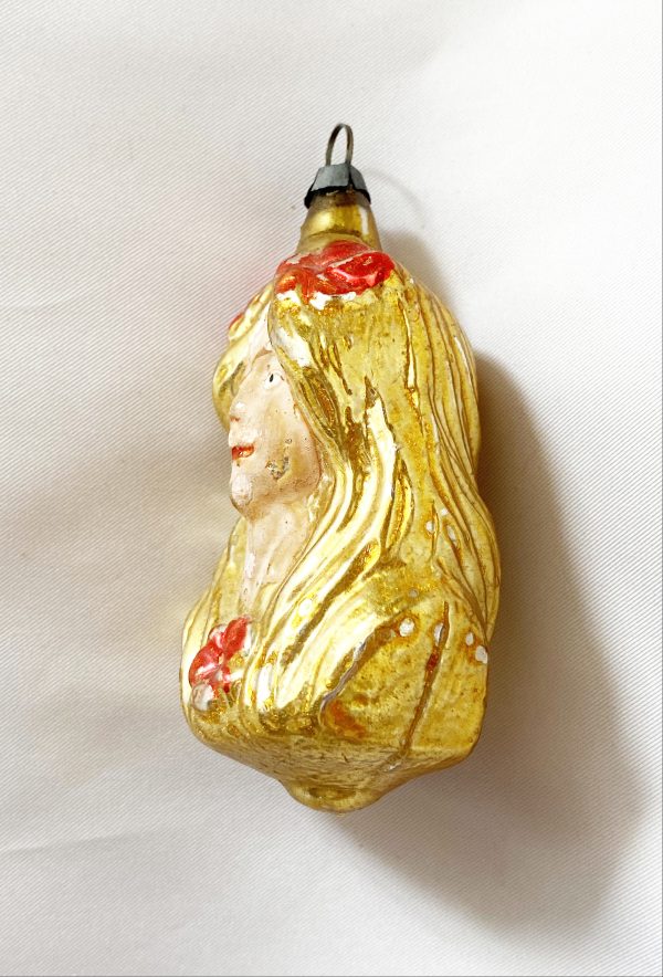 1920s German figural glass ornament, Art Nouveau Bust of a Lady, with rare hand painted flesh face. Lovely gold blonde hair and red roses. excellent
