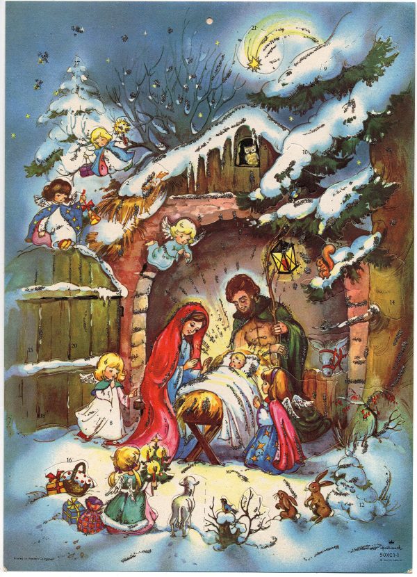 Vintage German unused Child Advent Calendar Nativity Manger Scene with Envelope, Count Down to Christmas Calendar made in West Germany for Hallmark, 1960s excellent