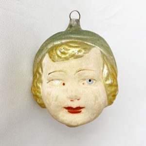 1920s Antique German blown Glass head Christmas Ornament 'Flapper Girl', Flesh Face Head Ornament with blue eyes and curly blonde hair, Antique Hand Painted Figural Christmas Ornament