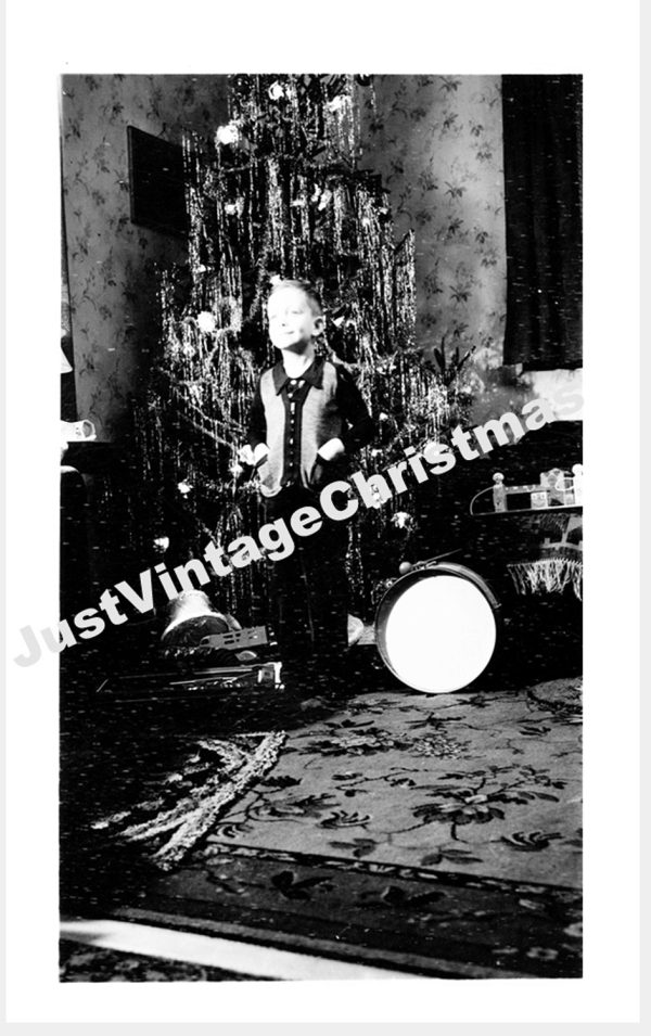 Vintage Christmas Photo, Original Black White Tinsel Christmas Tree with boy and his toys christmas morning black white snapshot