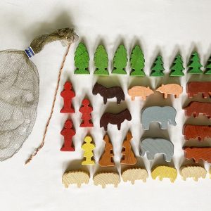 1930s German Wood Toys Lot of 34 in Net Bag Christmas Ornament, Vintage Wood Animals Putz