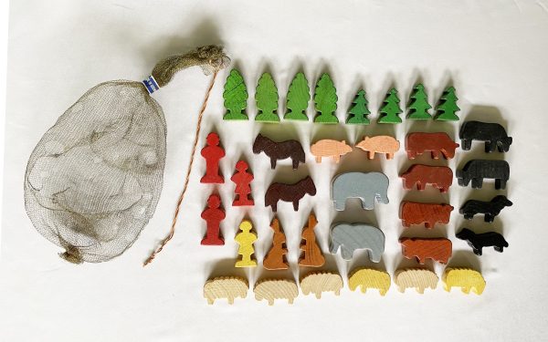 1930s German Wood Toys Lot of 34 in Net Bag Christmas Ornament, Vintage Wood Animals Putz