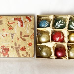 Early boxed set of small German feather tree glass ornaments, some hand painted and all in their original patterned lidded box. The box is exceptional with classic Christmas images on all sides, set of nine ornaments, excellent.