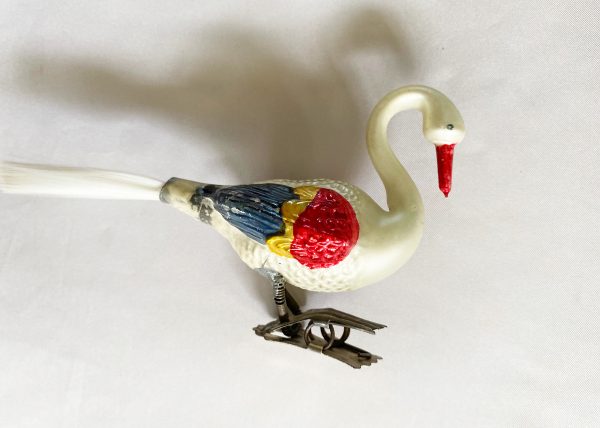 1900s Antique Clip On Bird Christmas Ornament, Goose Swan Blown Glass bumpy Bird clip ornament multi colors and old reverse clip