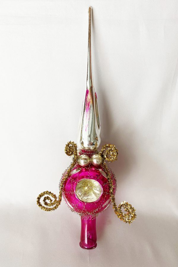 antique vintage german triple indent magenta pink wire wrapped glass tree topper with hand painted floral sprays and gold tinsel curvy accents, 10 inches tall excellent condition, 1950s mercury glass tree top