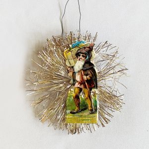 Antique Paper scrap and Tinsel Ornament Germany, Elf Gnome in Small Tinsel Oval Christmas Ornament, 1900s feather tree