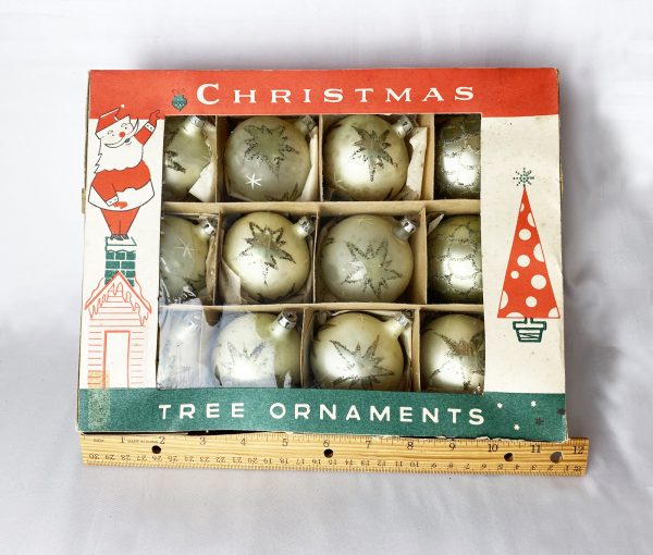 12 Poland Atomic Glass Christmas Ornaments in Box, Vintage Blown Glass Glitter Star Ornaments