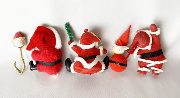 Vintage Santa Lot Ornaments and Candle Hugger, 5 Vintage MCM Christmas Decorations 3 ornaments one pick one candle climber felt and cloth red suit santa lot